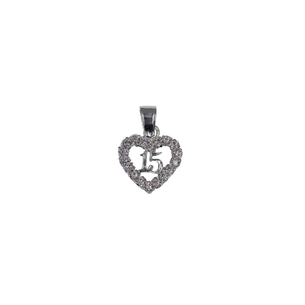 Dije 15 Años Corazón Flores Circonia Blanca + Cadena en Plata .925