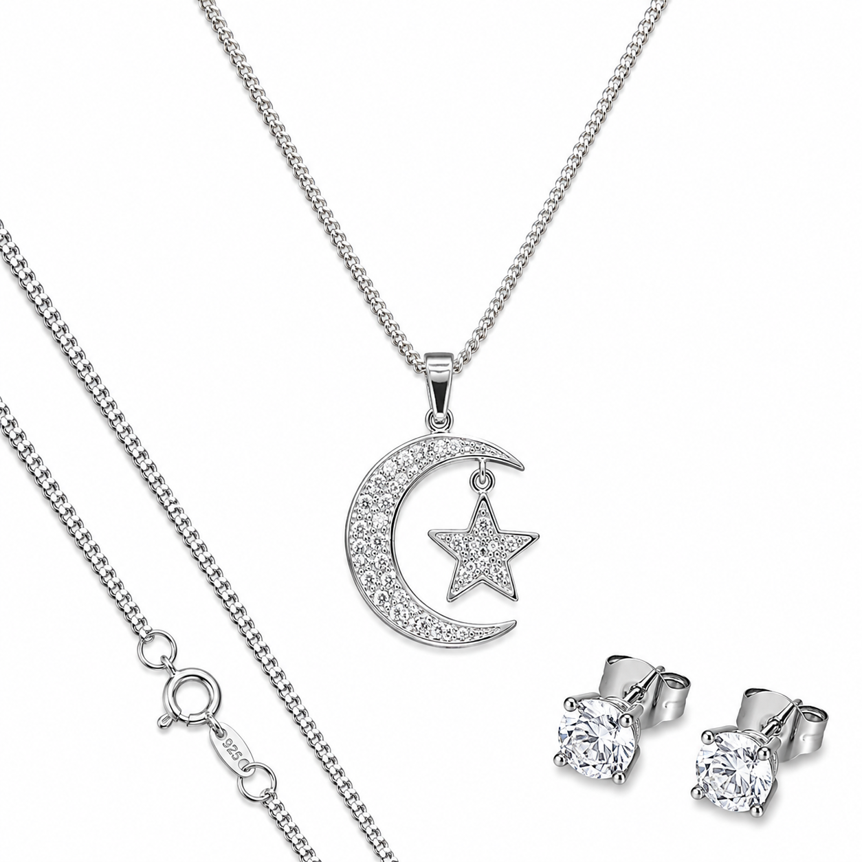 Dije Luna Con Estrella + Cadena en Plata .925