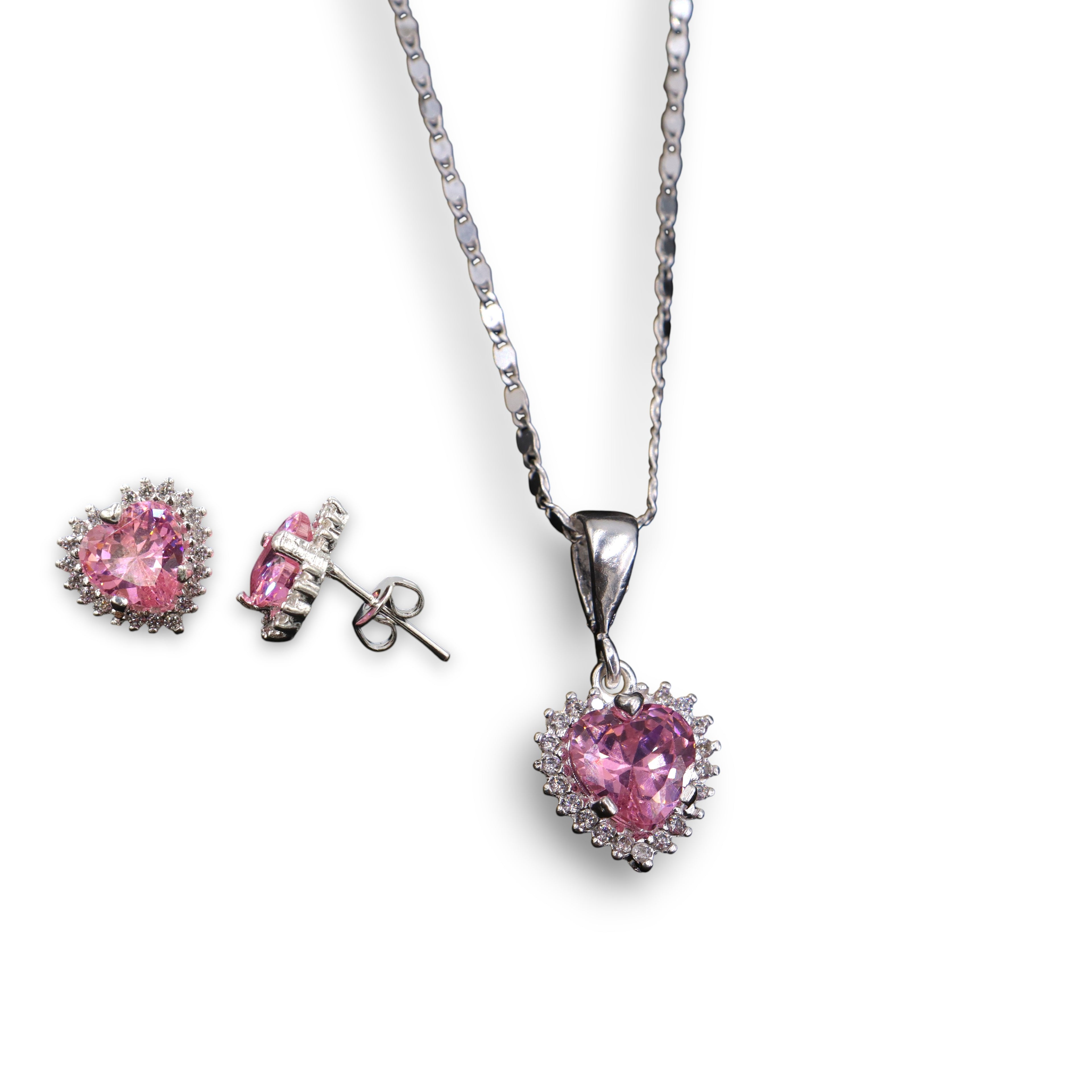 Aretes + Cadena + Dije Corazon Rosa de Plata .925