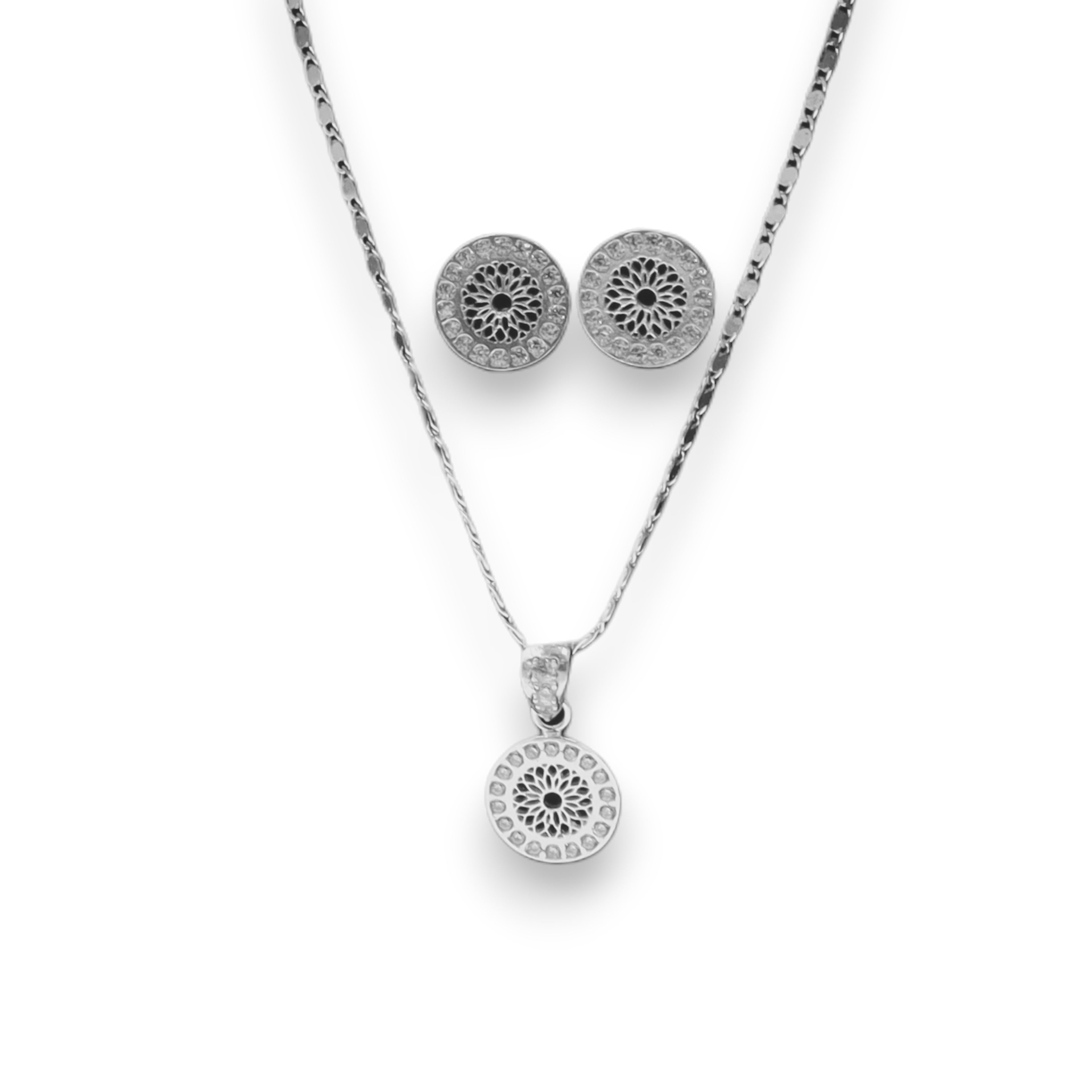 Aretes + Cadena + Dije Circulo Blanco de Plata .925