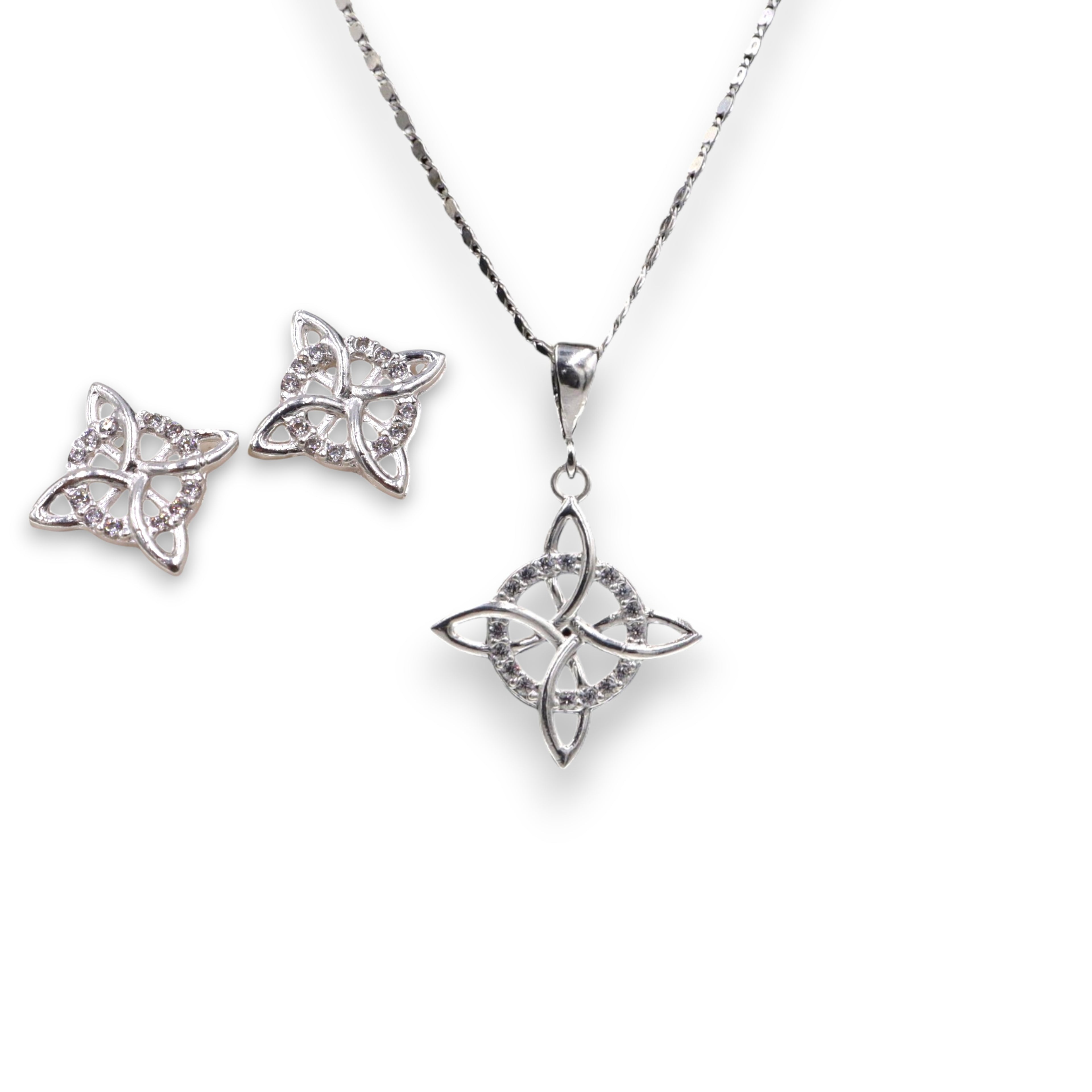 Aretes + Cadena + Dije Nudo De Bruja en Plata .925