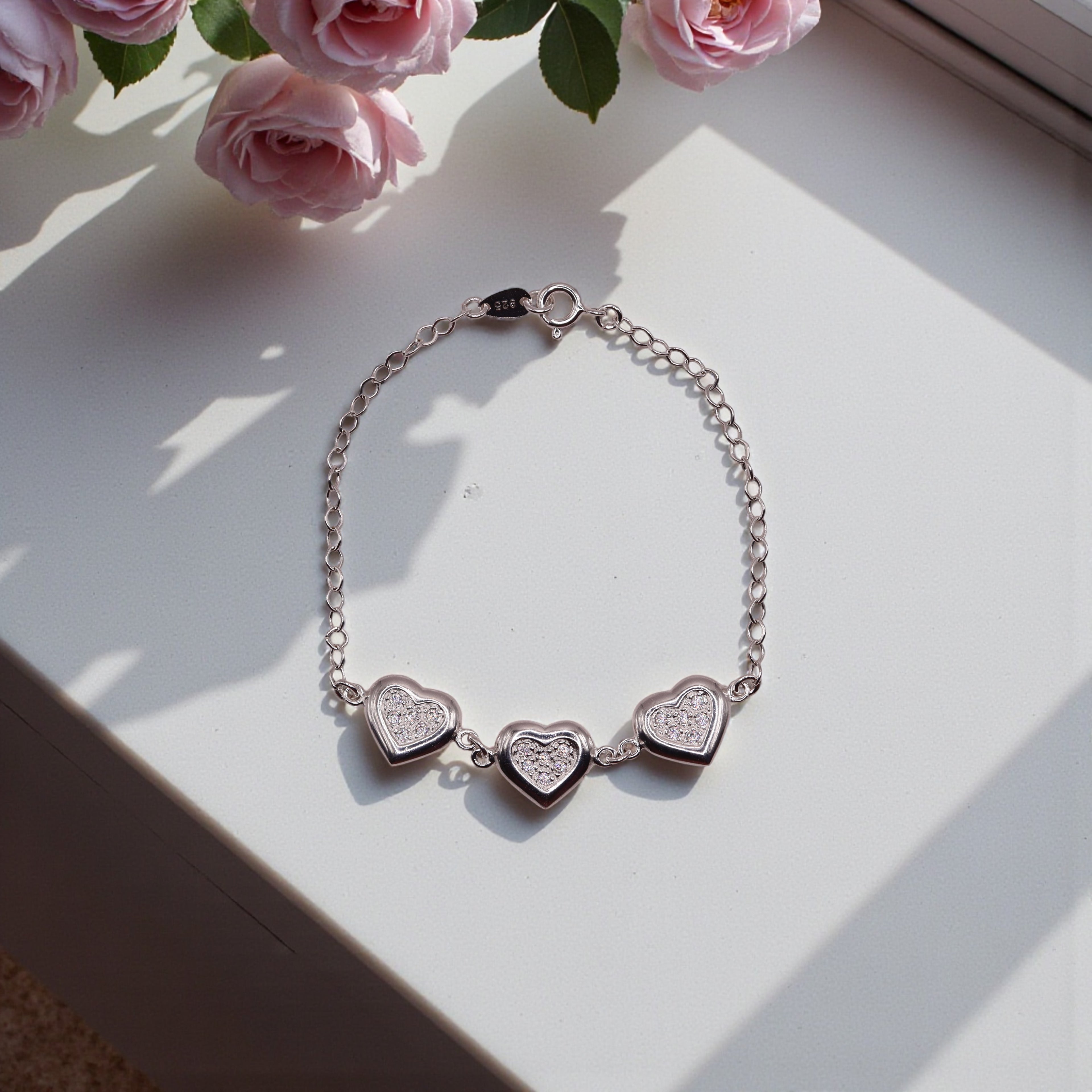 Pulsera Tres Corazones con Zirconias en Plata .925 19 cm – Jozep Joyería