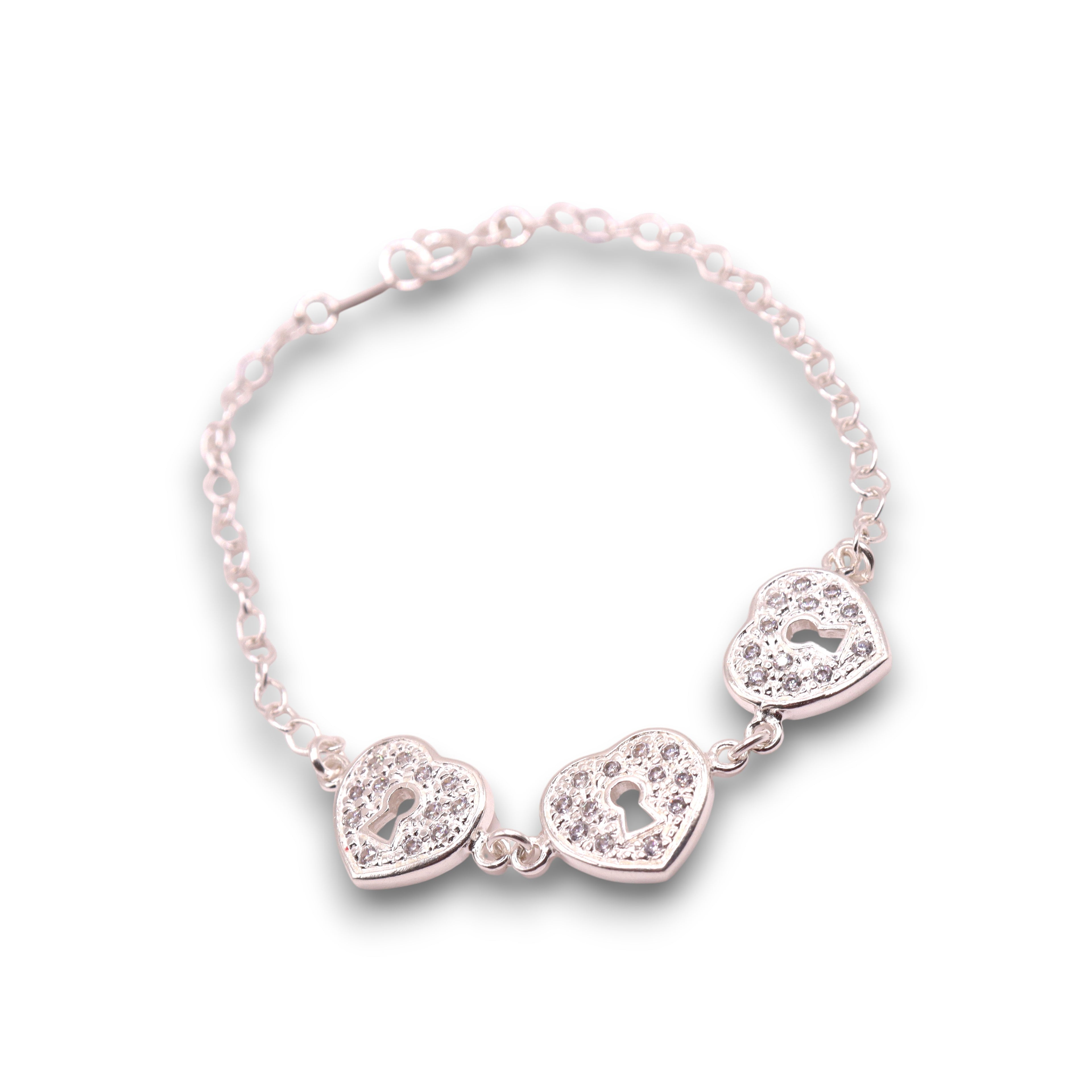 Pulsera Tres Corazones Candado Plata .925 19 cm Jozep Joyería