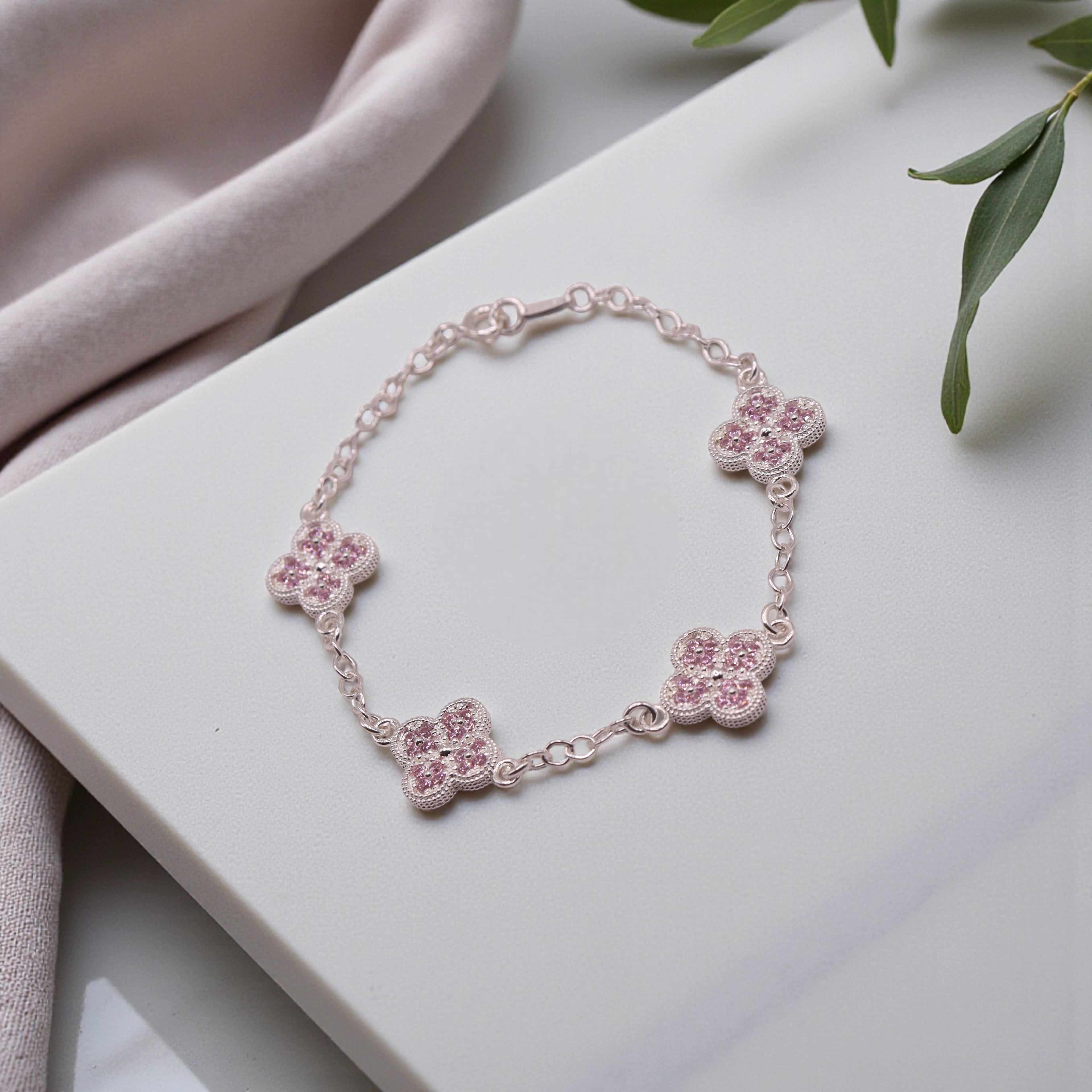 Pulsera Plata 925 Flores Rosas 18 Cm | Jozep Joyería