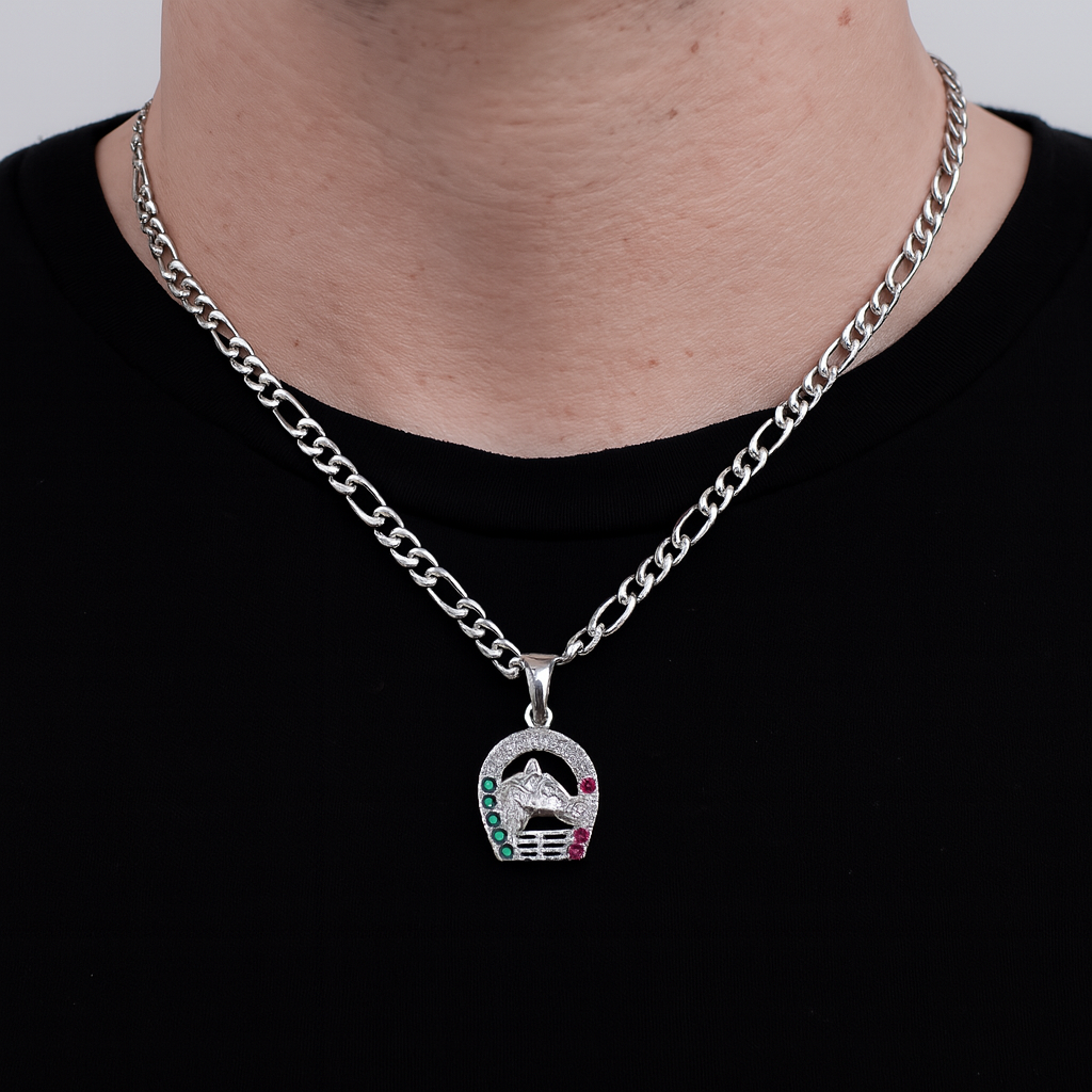 Dije De Caballo Con Herradura De Colores + Cadena en Plata .925