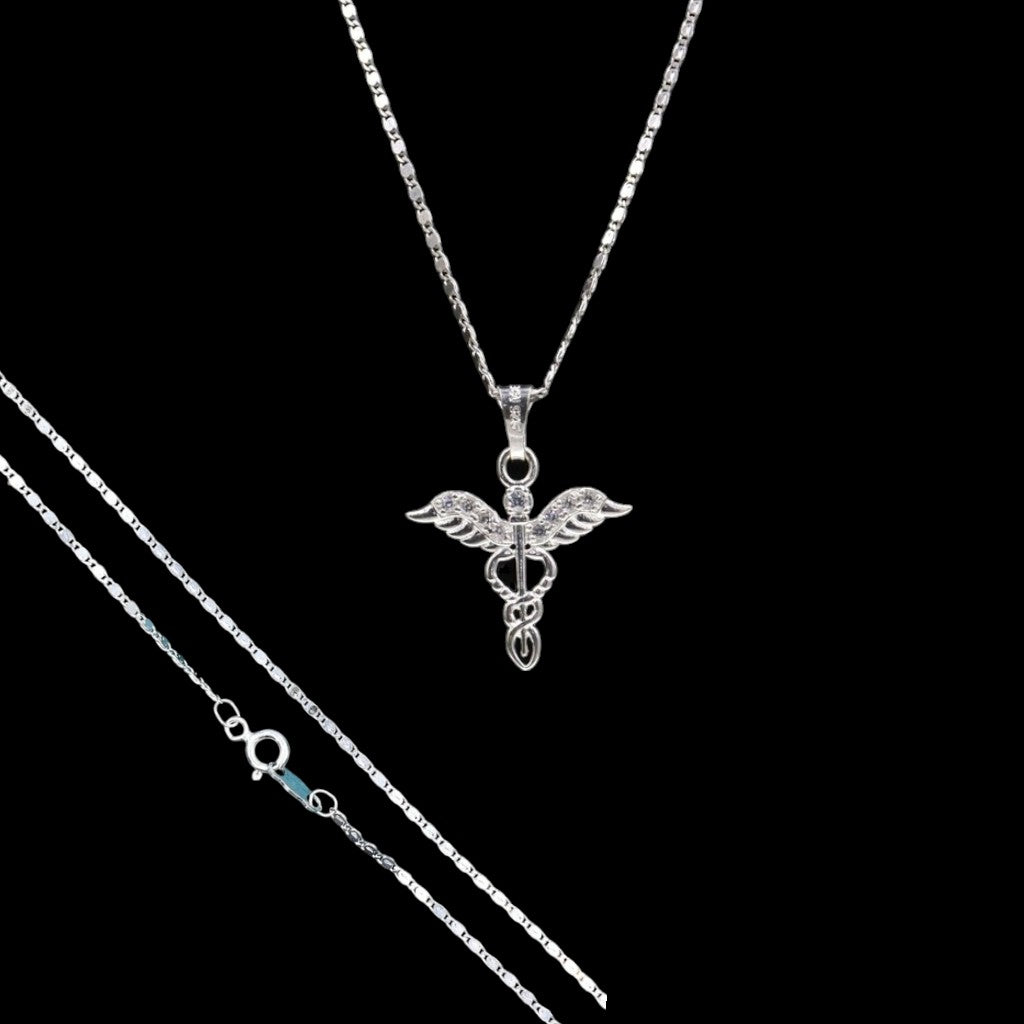 Dije Caduceo Médico + Cadena en Plata .925