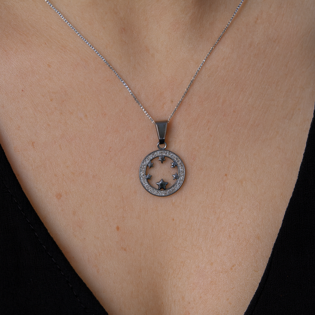 Dije Circulo Estrellas + Cadena En Plata .925