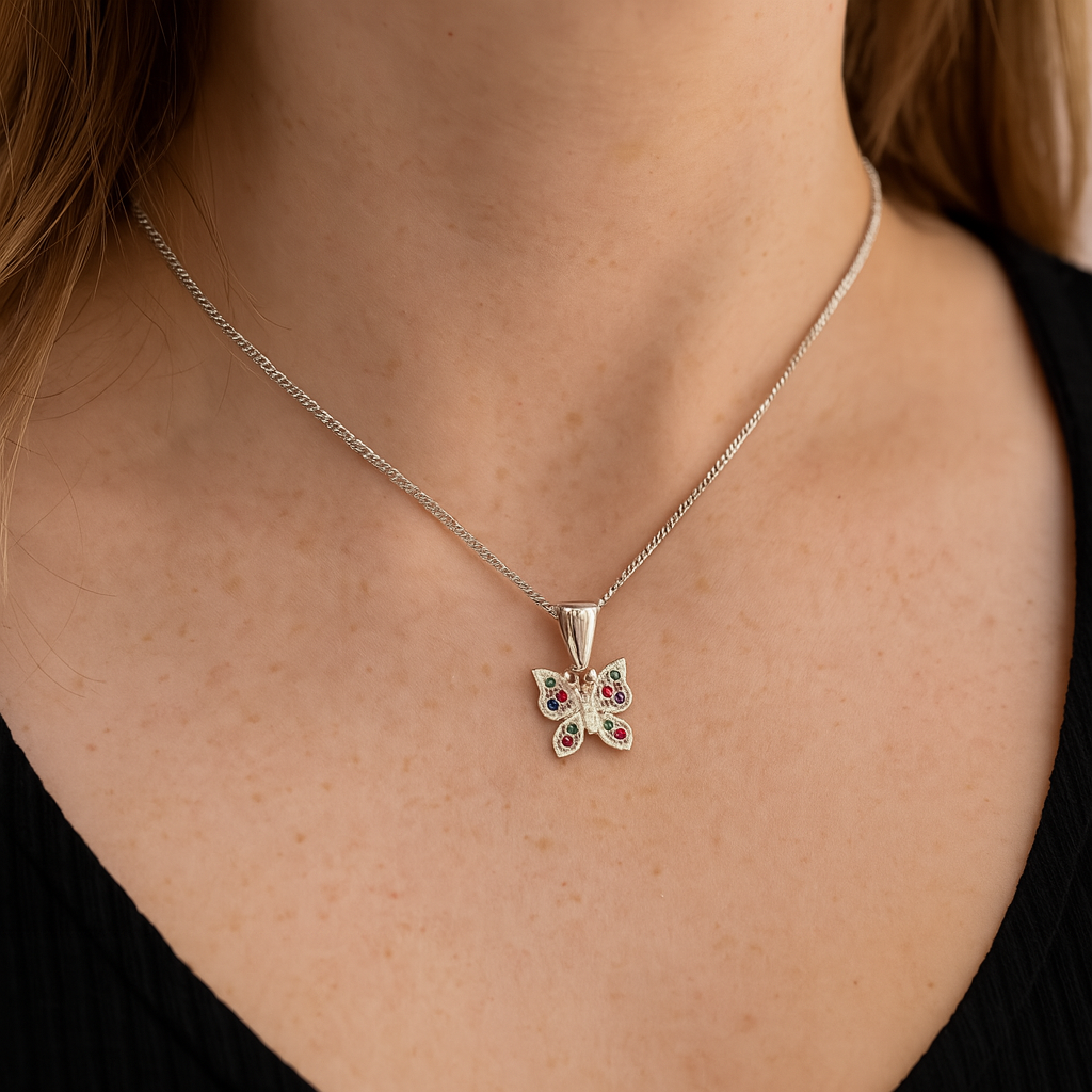 Dije Mariposa Multicolor + Cadena en Plata .925