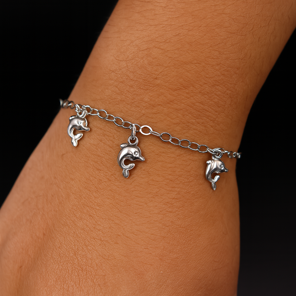 Pulso De Plata .925 Estilo Barbado Con Dijes De Delfin 19 cm