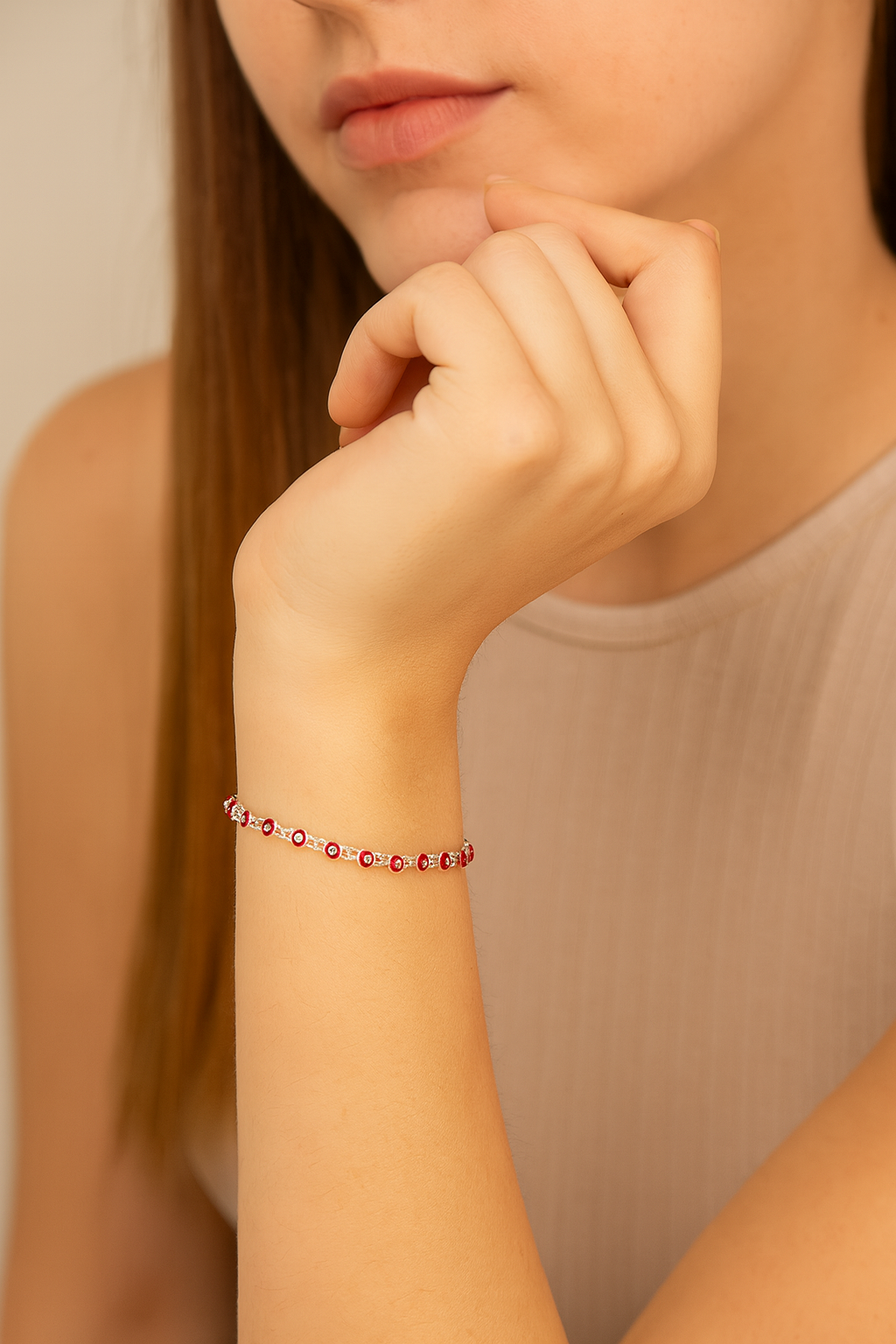 Pulso Ojo Turco Rojo De Plata .925 20.5 cm