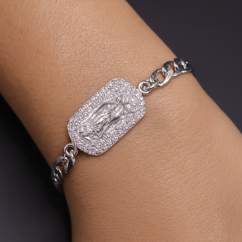 Pulso De Plata .925 Estilo Barbado De Virgen Con Circonias