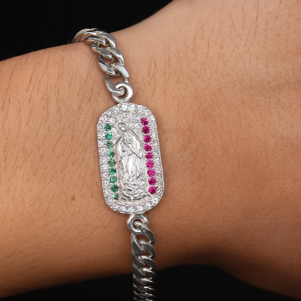 Pulso De Plata .925 Estilo Barbado De Virgen Con Circonias