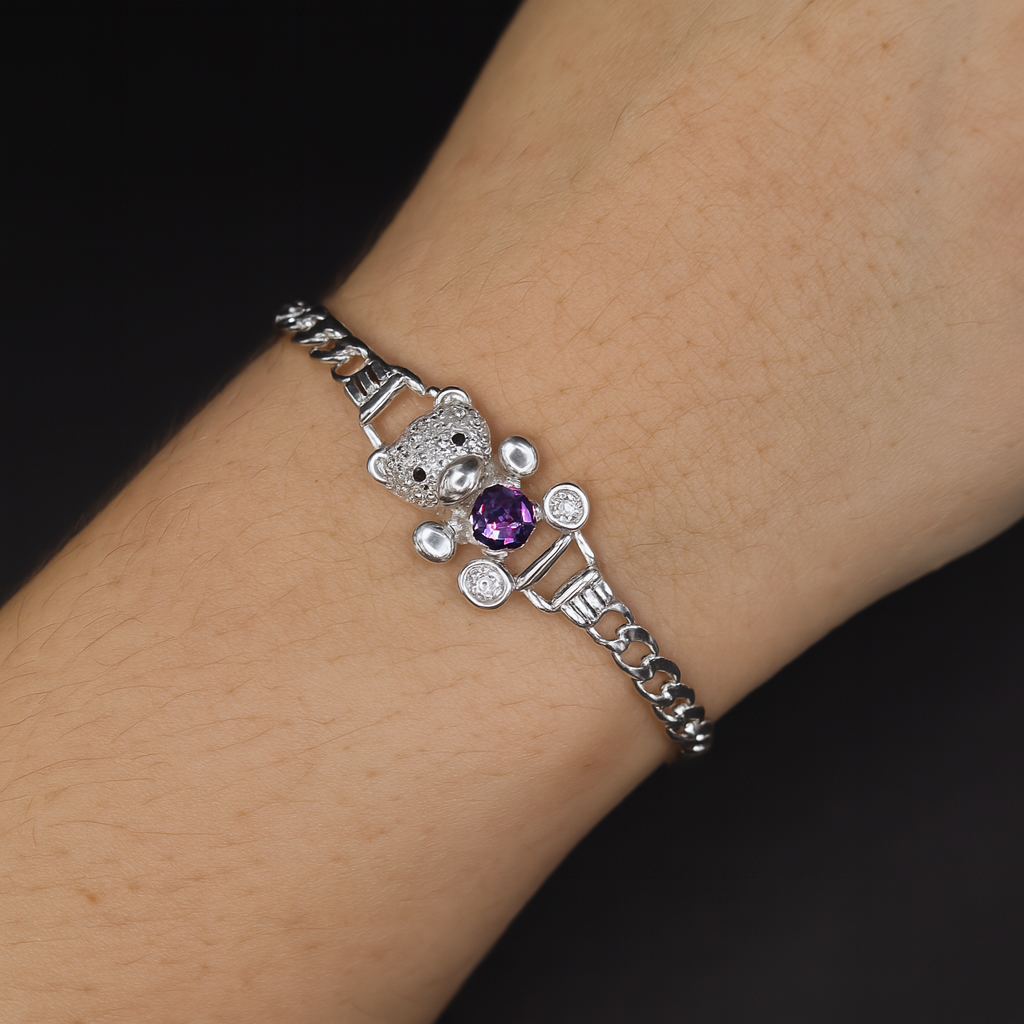 Pulso De Plata .925 Estilo Barbado Con Oso Morado 18 cm