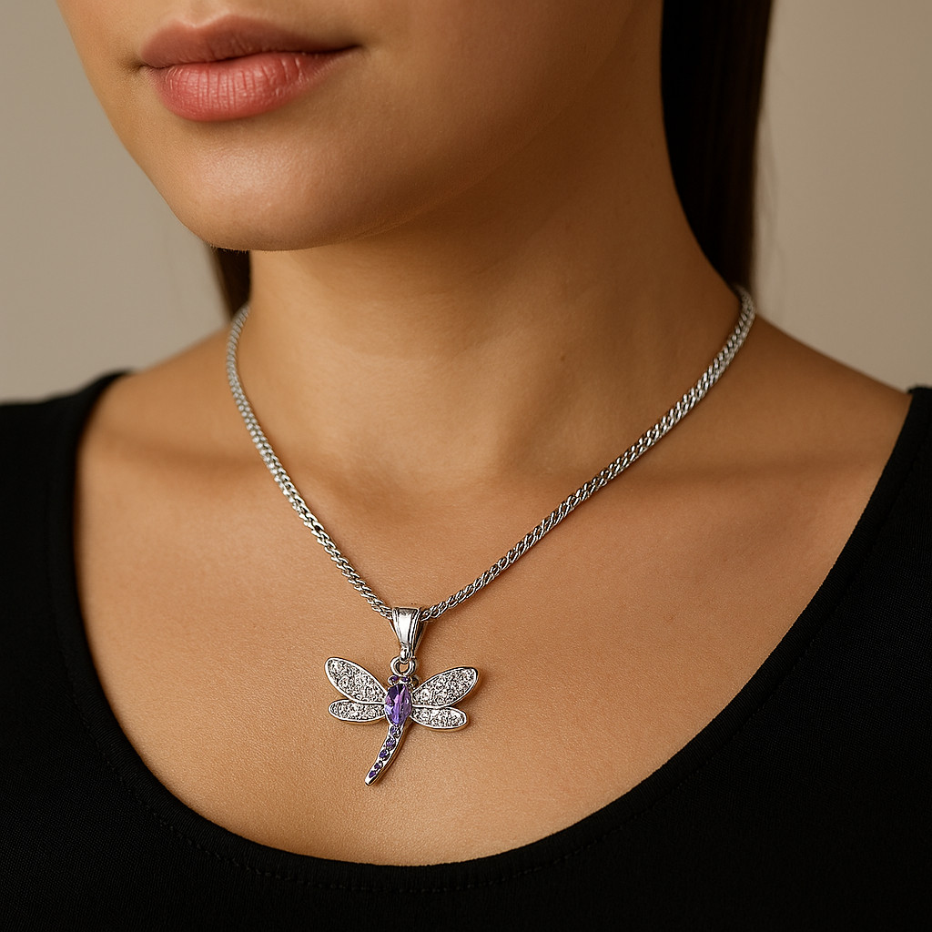 Dije De Libélula Con Circonias + Cadena en Plata .925