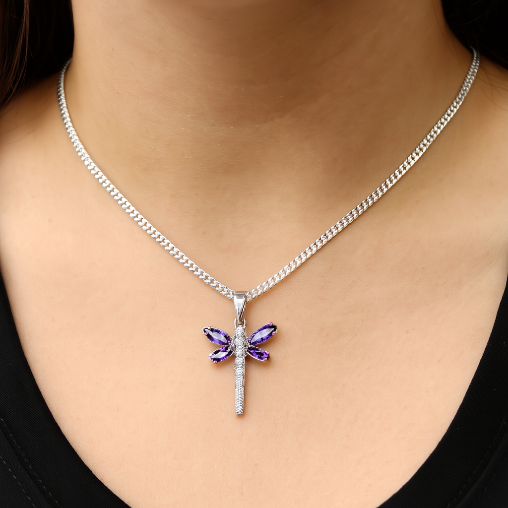 Dije Libelula Con Circonias + Cadena en Plata .925