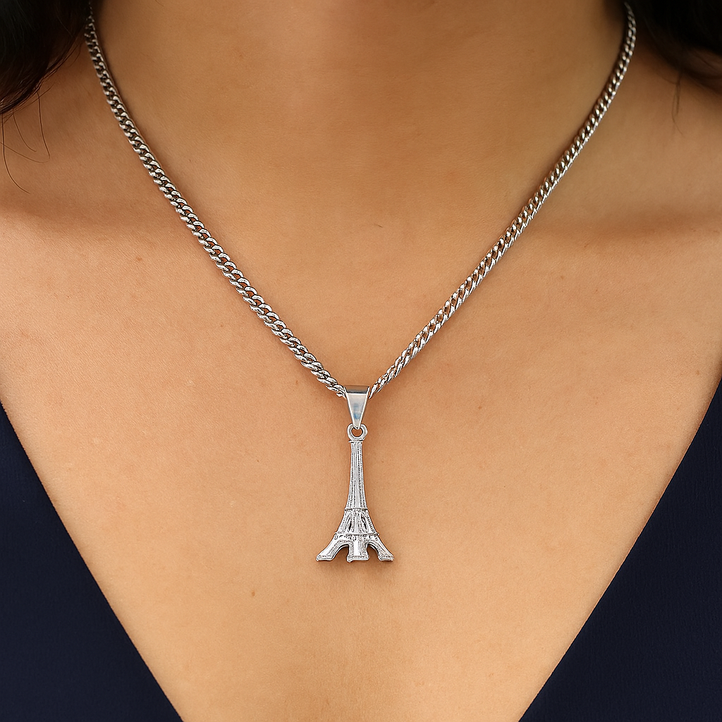 Dije Torre Eiffel Grande + Cadena en Plata .925