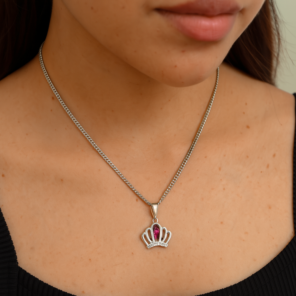 Dije De Corona Con Circonias + Cadena en Plata .925