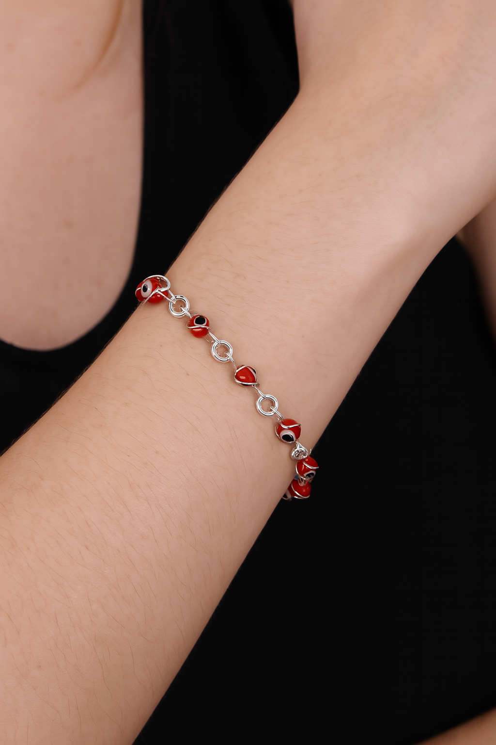 Pulso Ojo Turco Rojo De Plata .925 18.5 cm