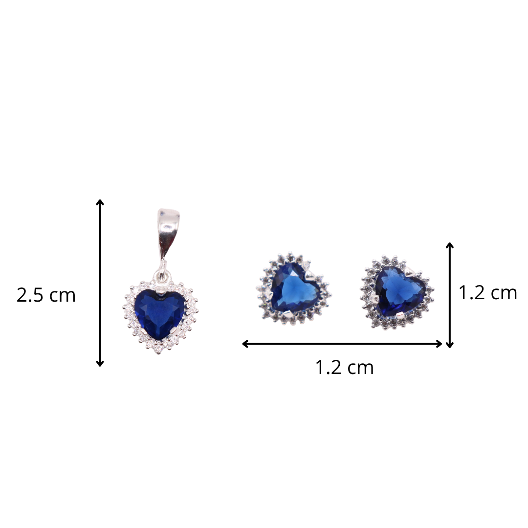 Aretes C/ Cadena Dije Corazón Azul en Plata .925