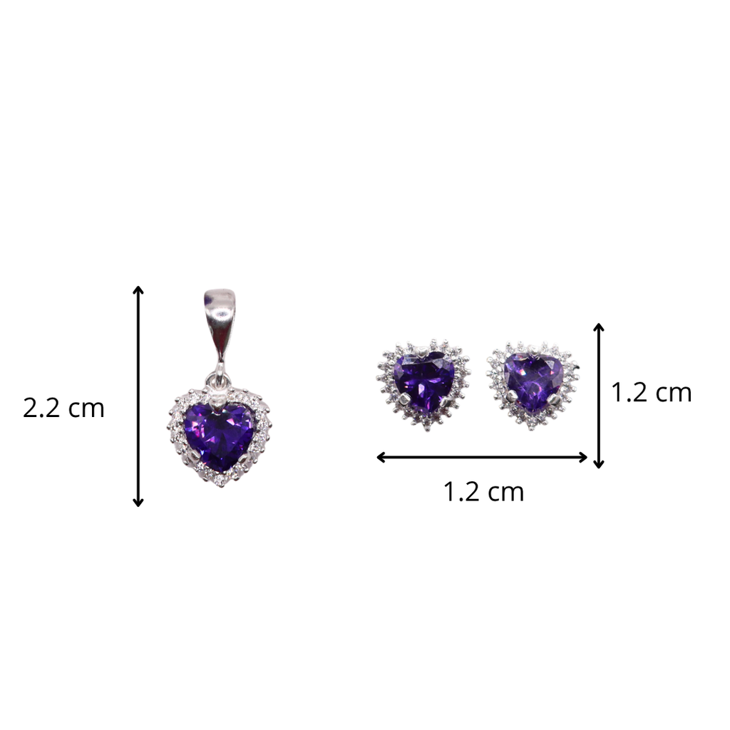 Aretes C/ Cadena Dije Corazón Morado en Plata .925