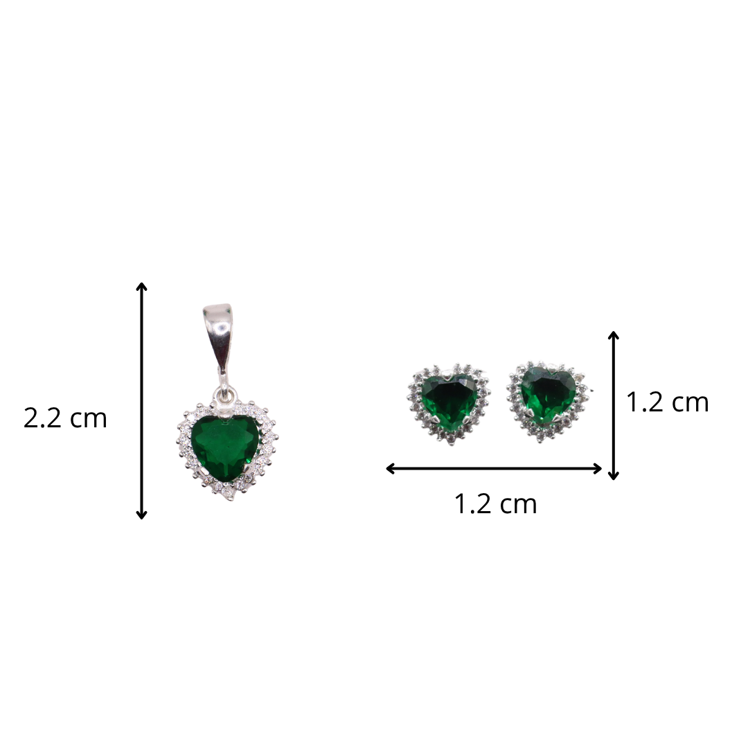 Aretes C/ Cadena Dije Corazón Verde en Plata .925