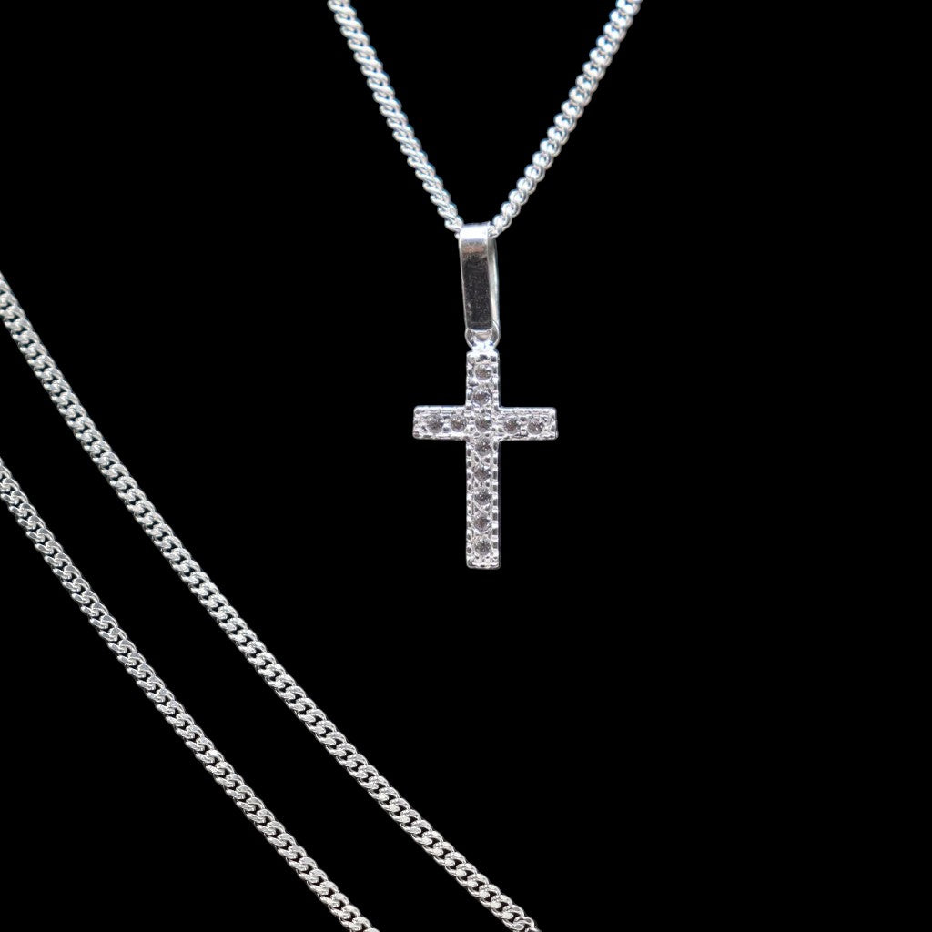 Dije De Cruz Con Circonia + Cadena en Plata .925