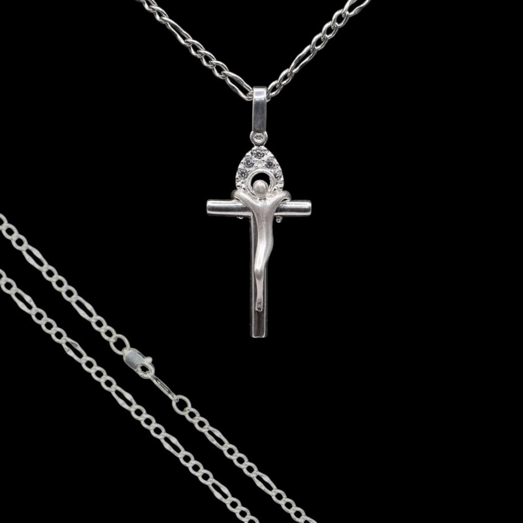 Dije De Cruz Cristo Aura + Cadena en Plata .925