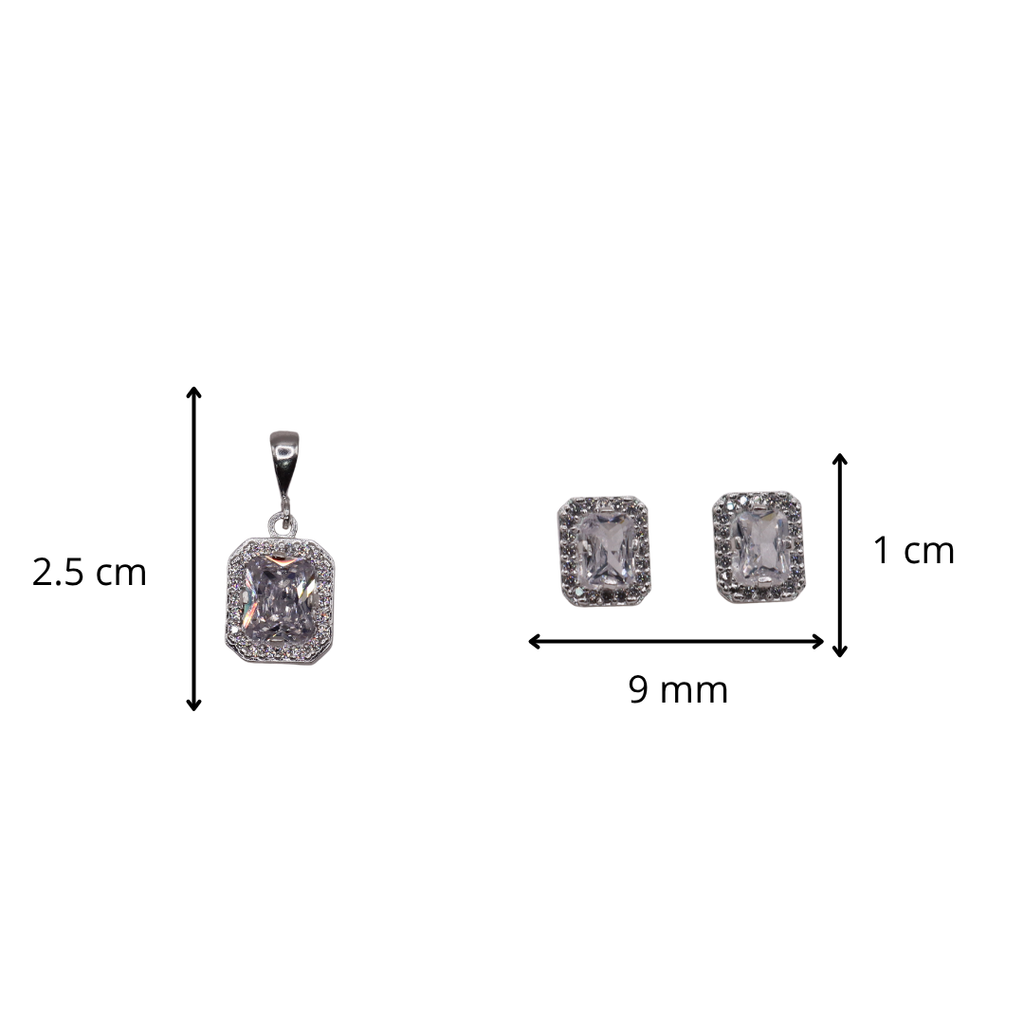 Aretes C/ Cadena Dije Cuadro Blanco en Plata .925