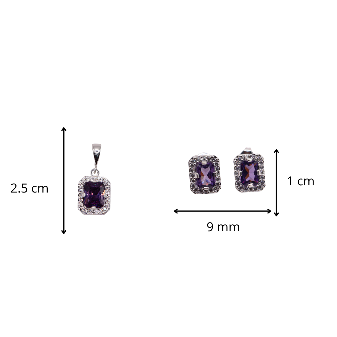 Aretes C/ Cadena Dije Cuadro Morado en Plata .925