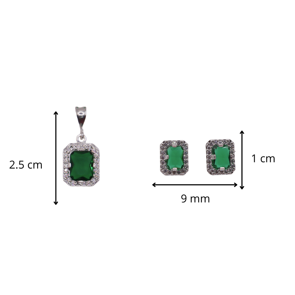 Aretes C/ Cadena Dije Cuadro Verde en Plata .925