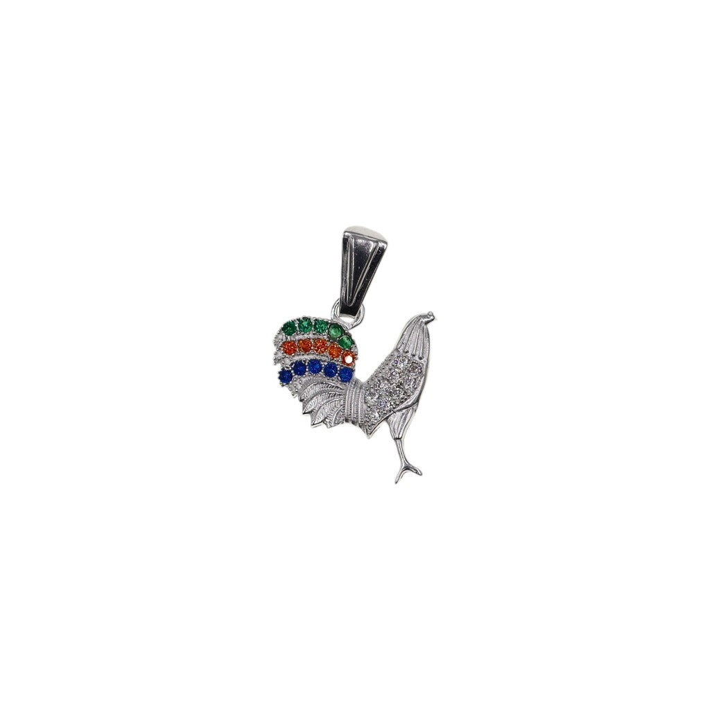 Dije De Gallo Blanco y Multicolor + Cadena En Plata .925