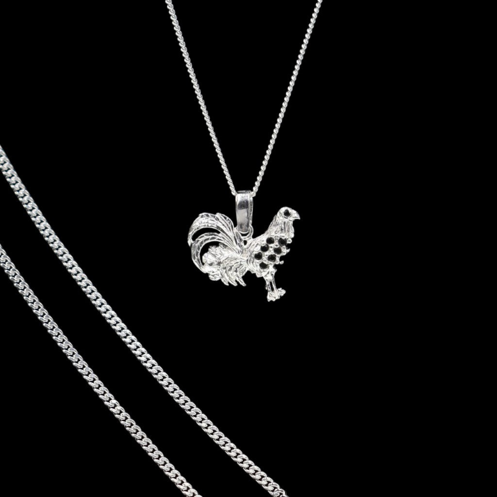 Dije De Gallo Con Circonia Negra + Cadena En Plata .925