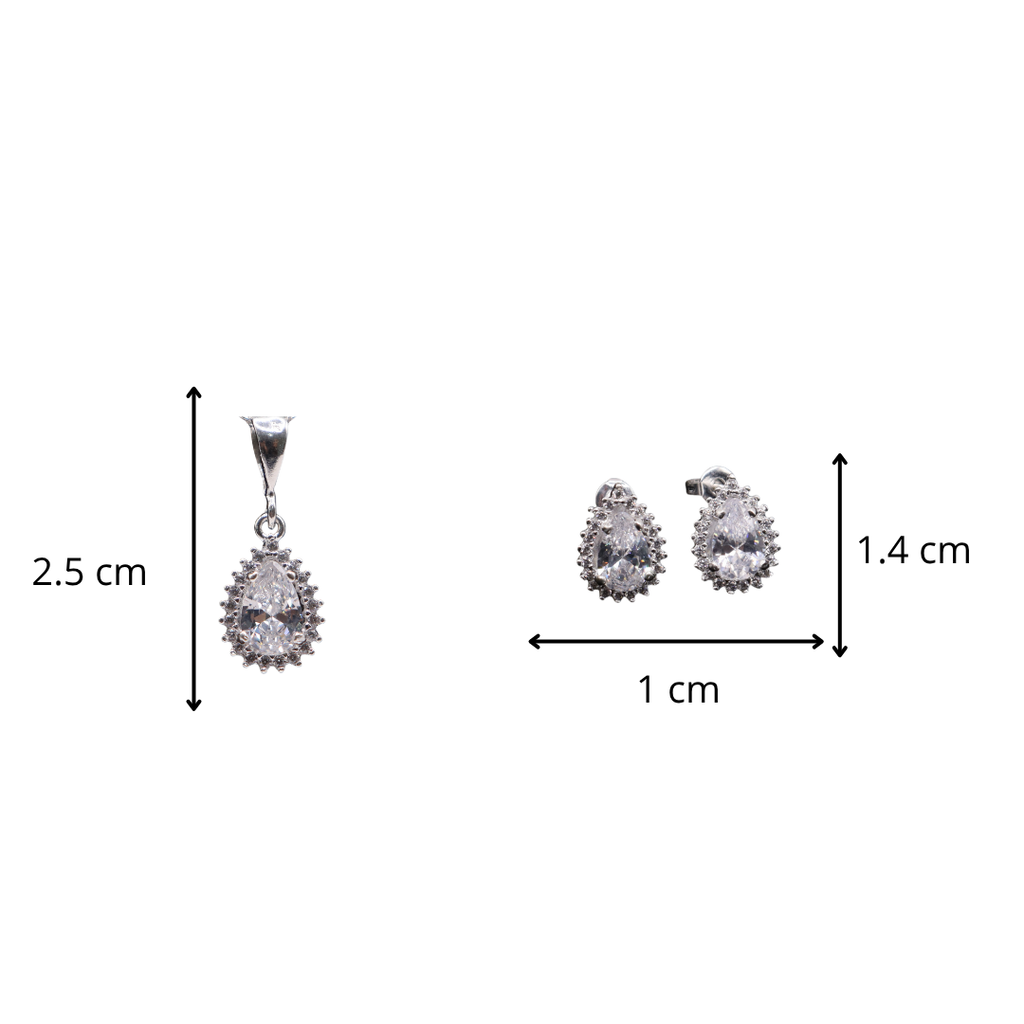 Aretes C/ Cadena Dije Gota Blanca en Plata .925