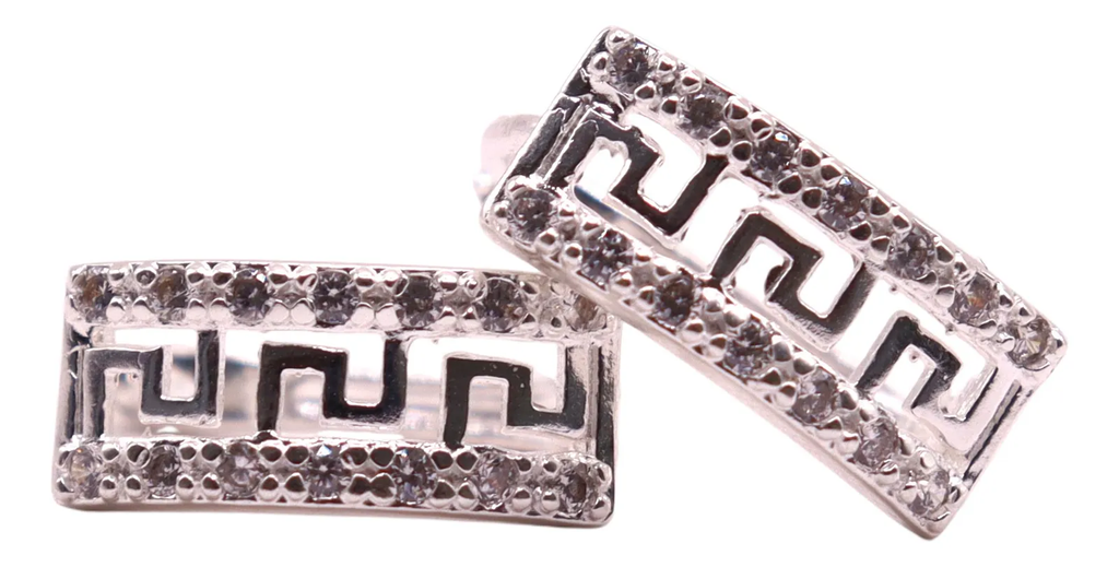 Aretes Huggie Con Diseño Grecas Grande Y Zirconias en Plata .925