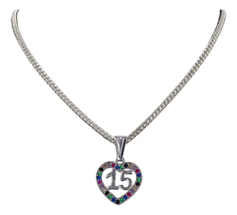 Dije 15 Años Circonias Colores + Cadena en Plata .925