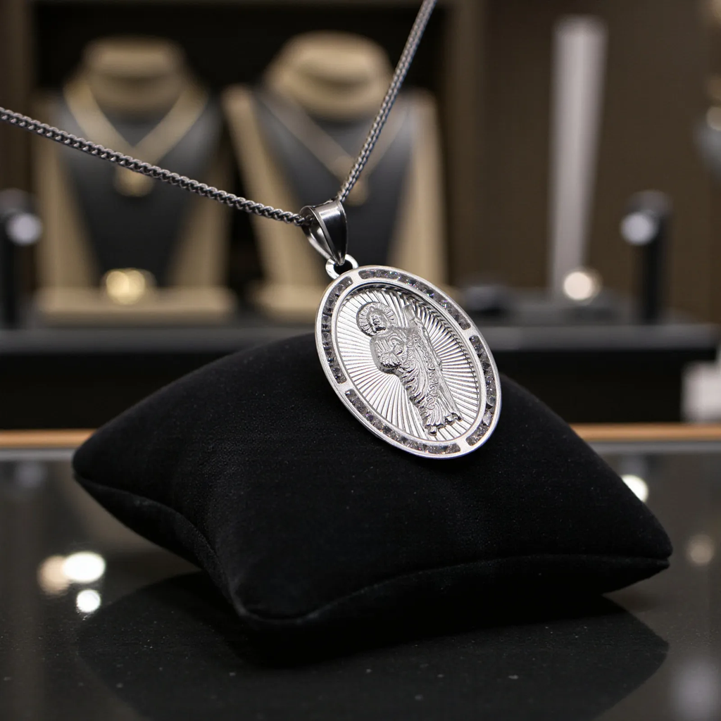 Dije De Medalla De San Judas Ovalo Grande  + Cadena en Plata .925