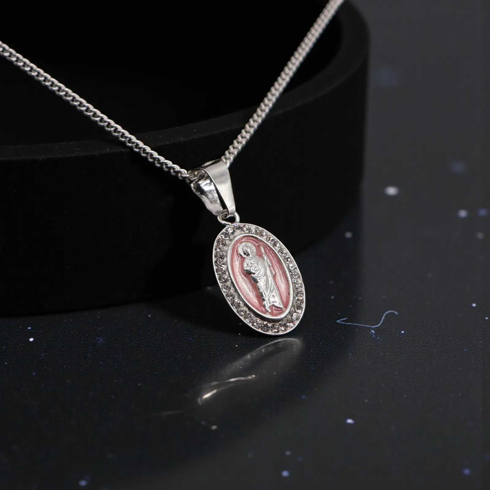 Dije De Medalla De San Judas Ovalo Rosa + Cadena en Plata .925