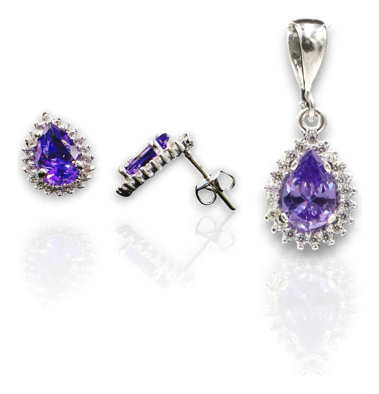 Aretes + Dije Gota Morada en Plata .925