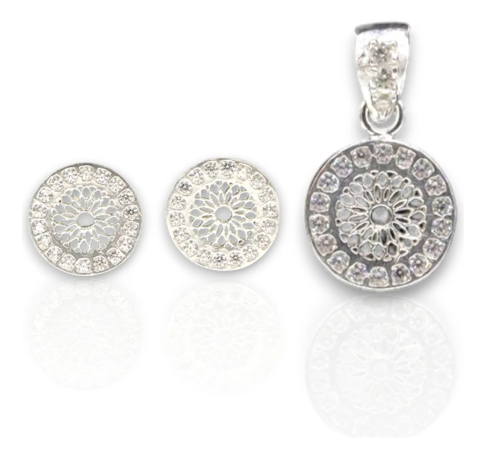 Aretes + Dije Circulo Blanco en Plata .925