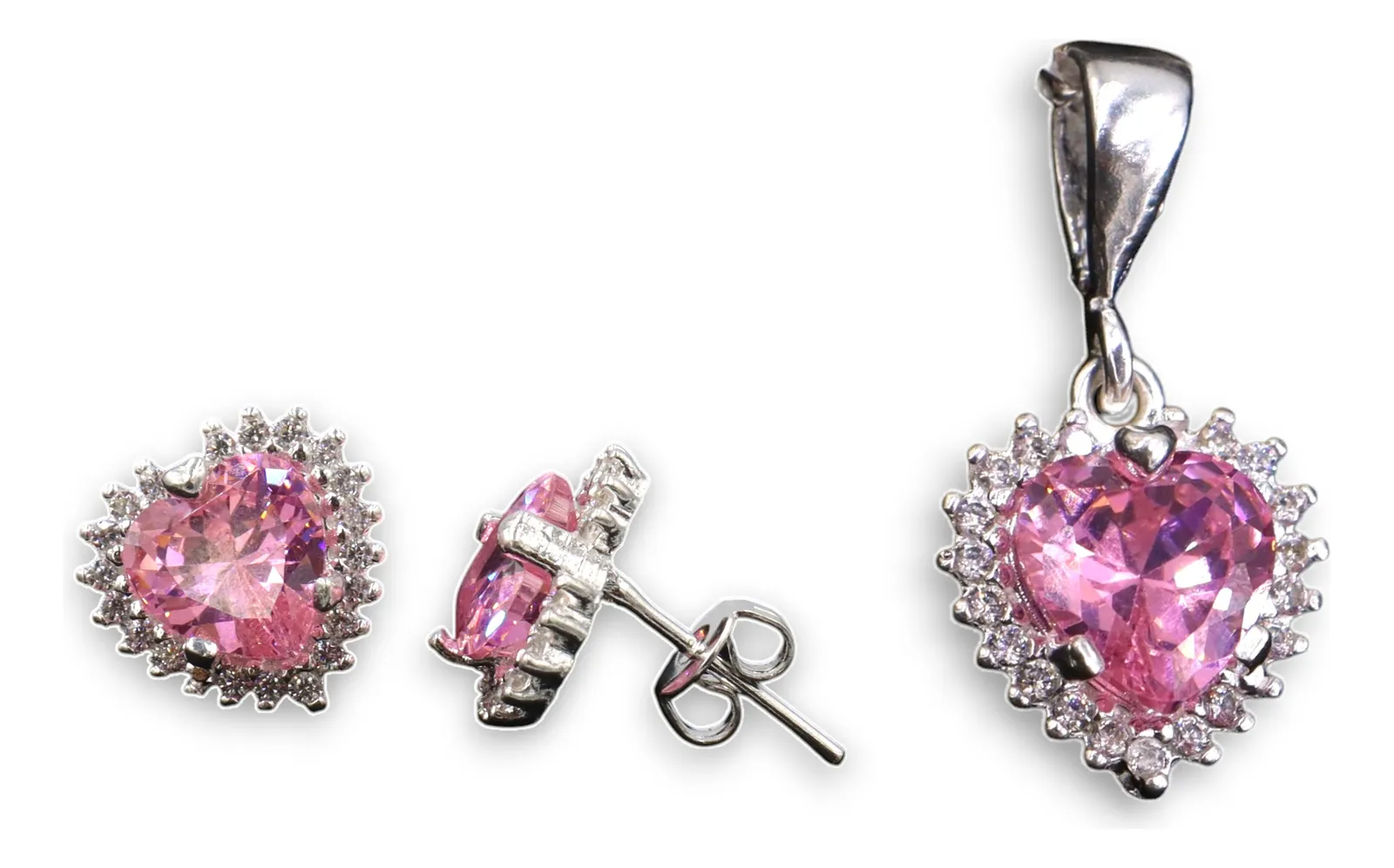 Aretes + Dije Corazón Rosa en Plata .925