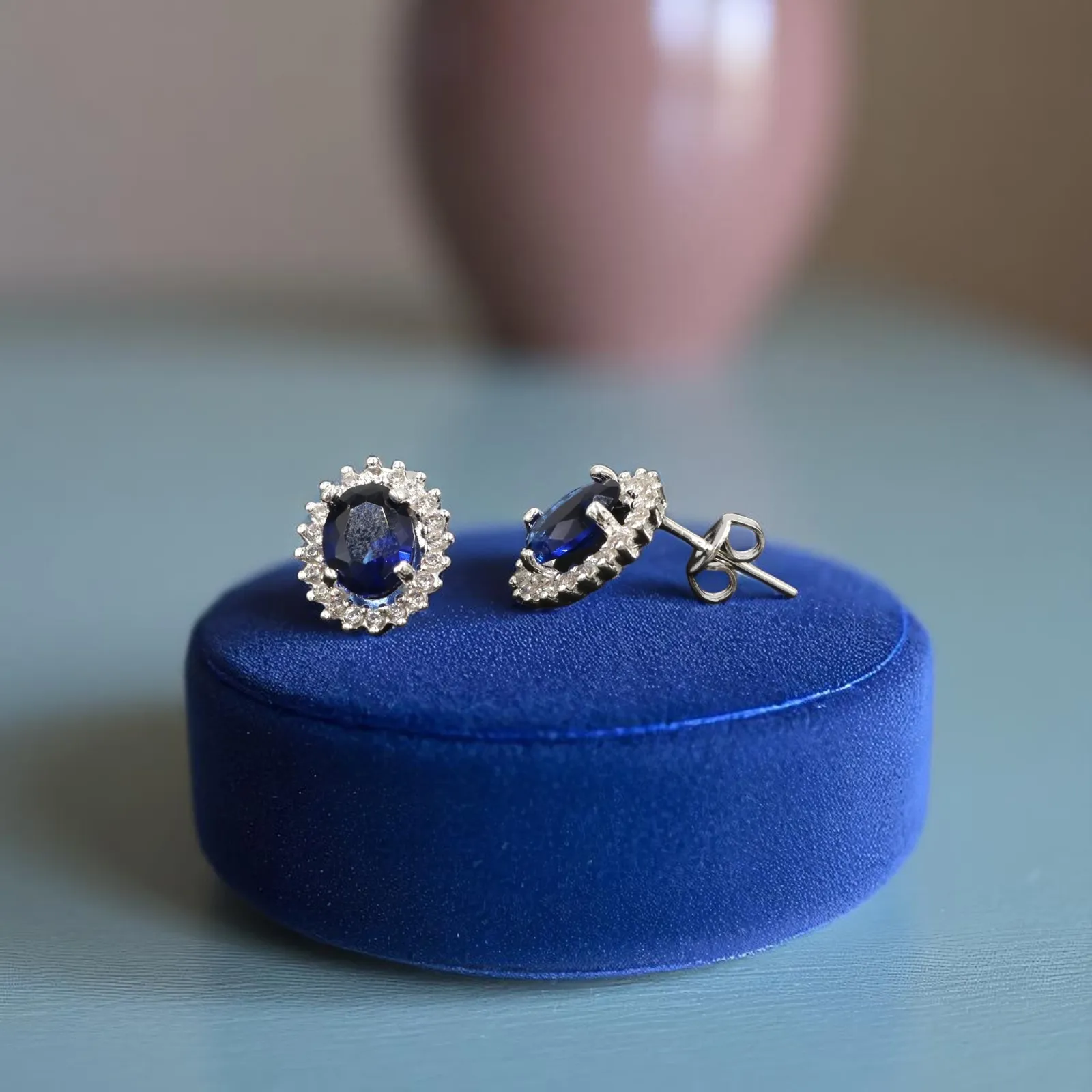 Aretes + Dije Ovalo Azul en Plata .925