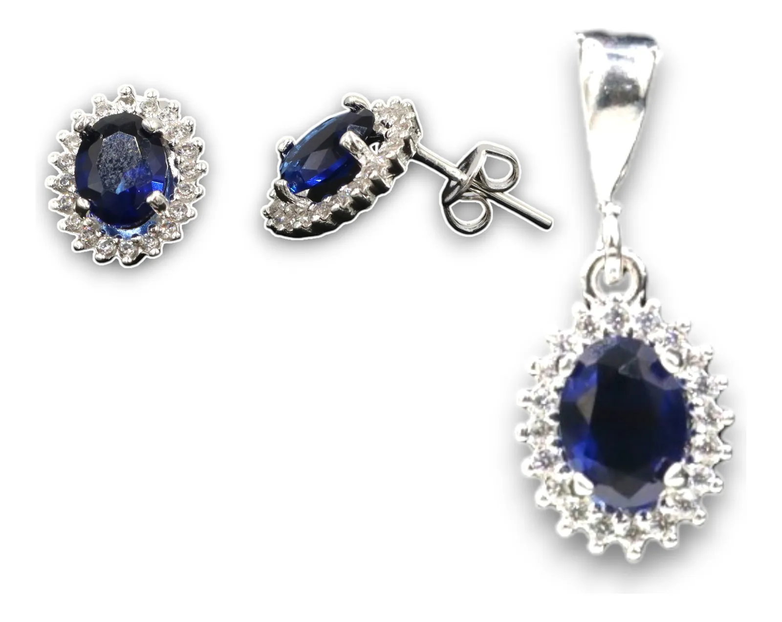 Aretes + Dije Ovalo Azul en Plata .925