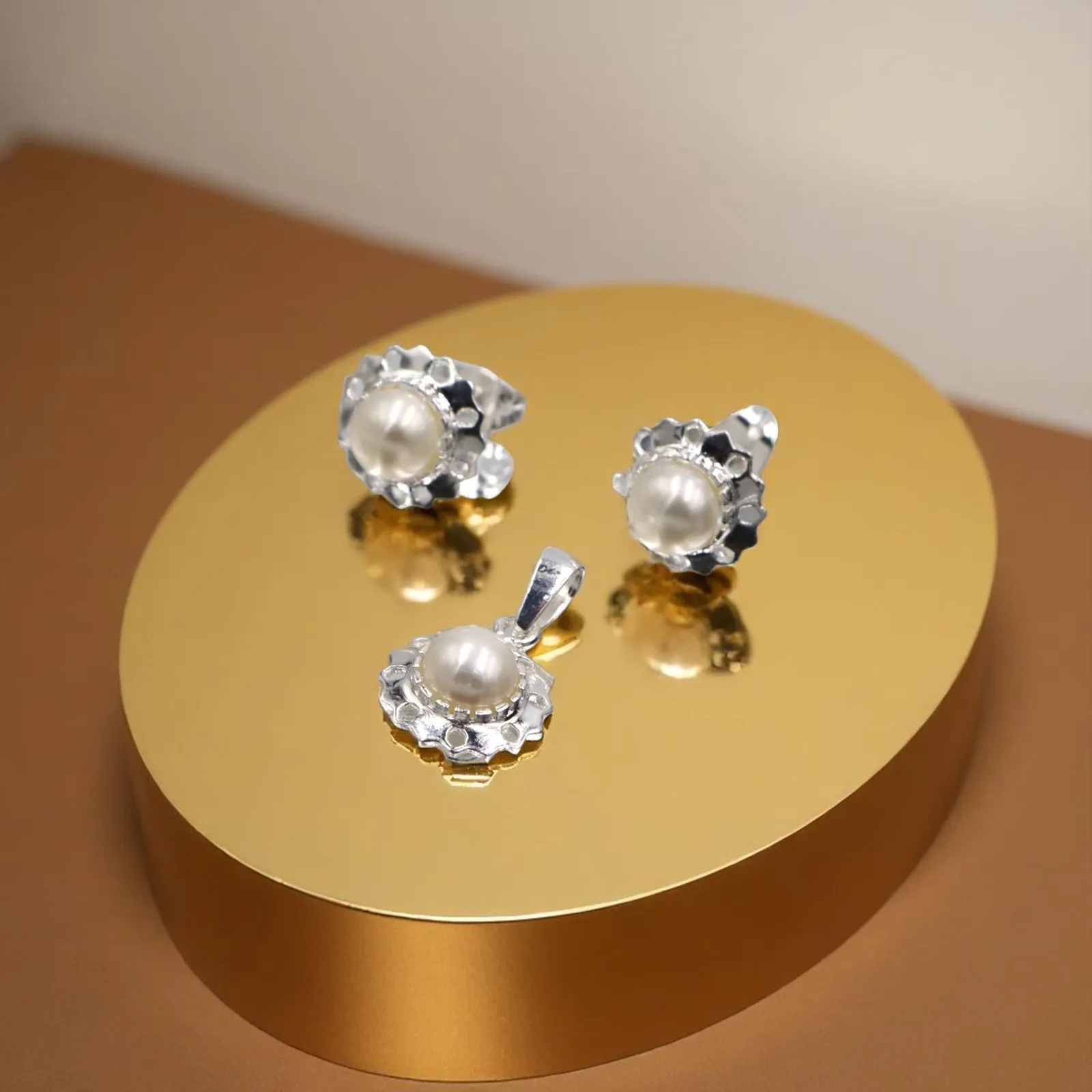 Aretes + Dije Perla en Plata .925