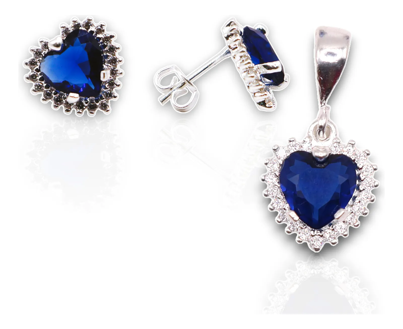 Aretes + Dije Corazón Azul  en Plata .925