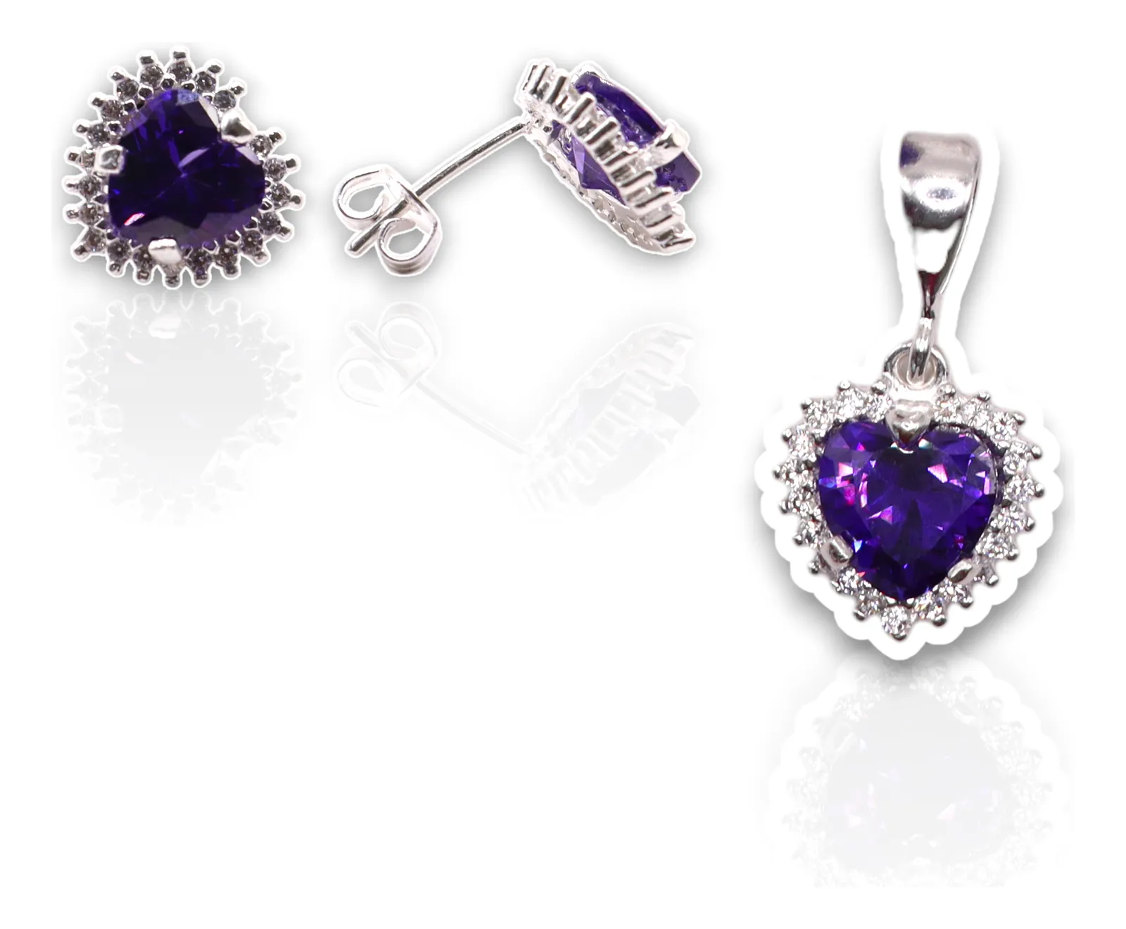 Aretes + Dije Corazón Morado en Plata .925
