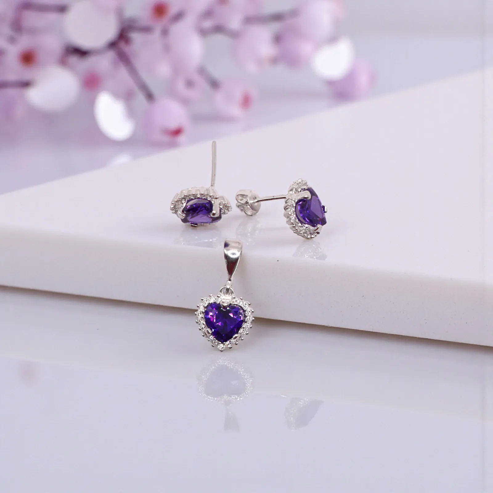 Aretes + Dije Corazón Morado en Plata .925