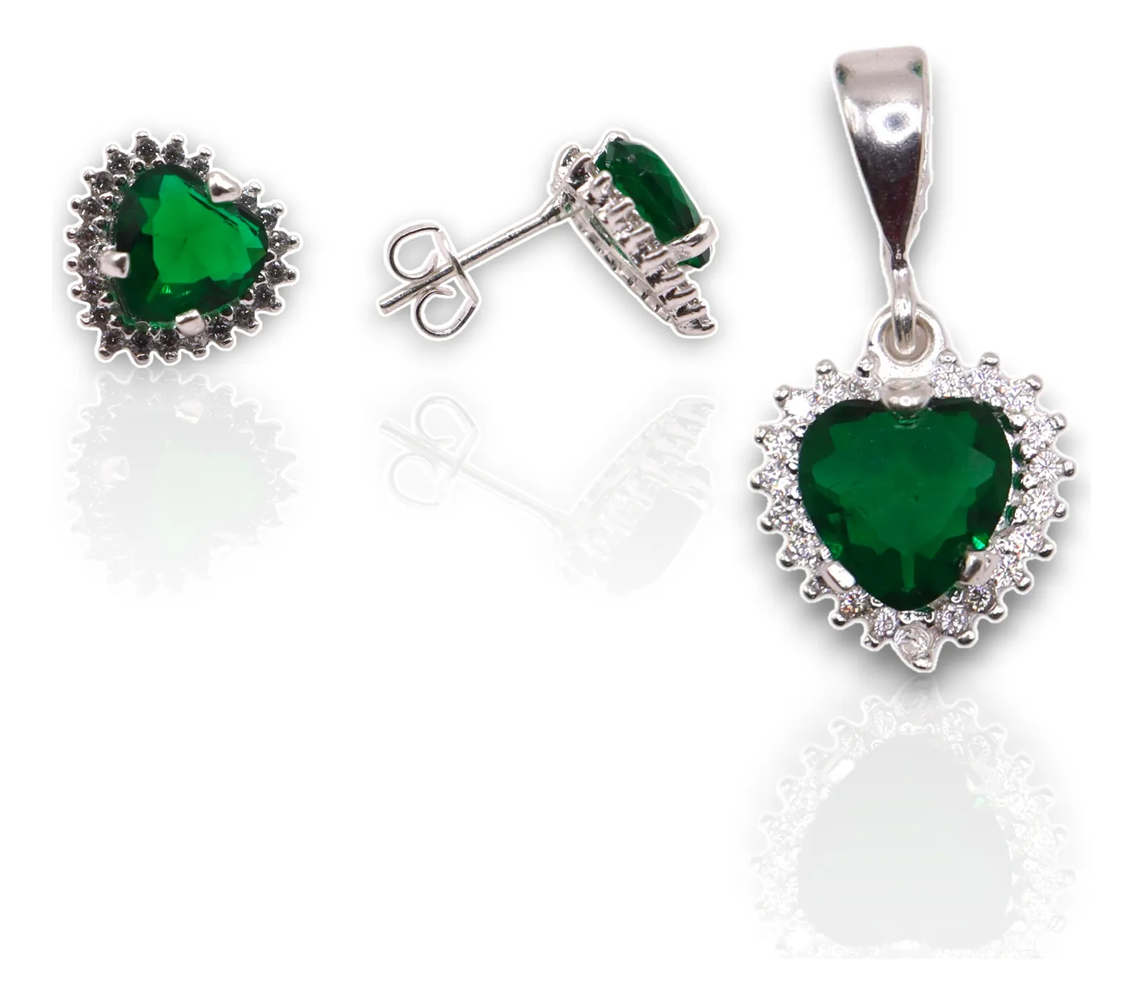 Aretes + Dije Corazón Verde en Plata .925