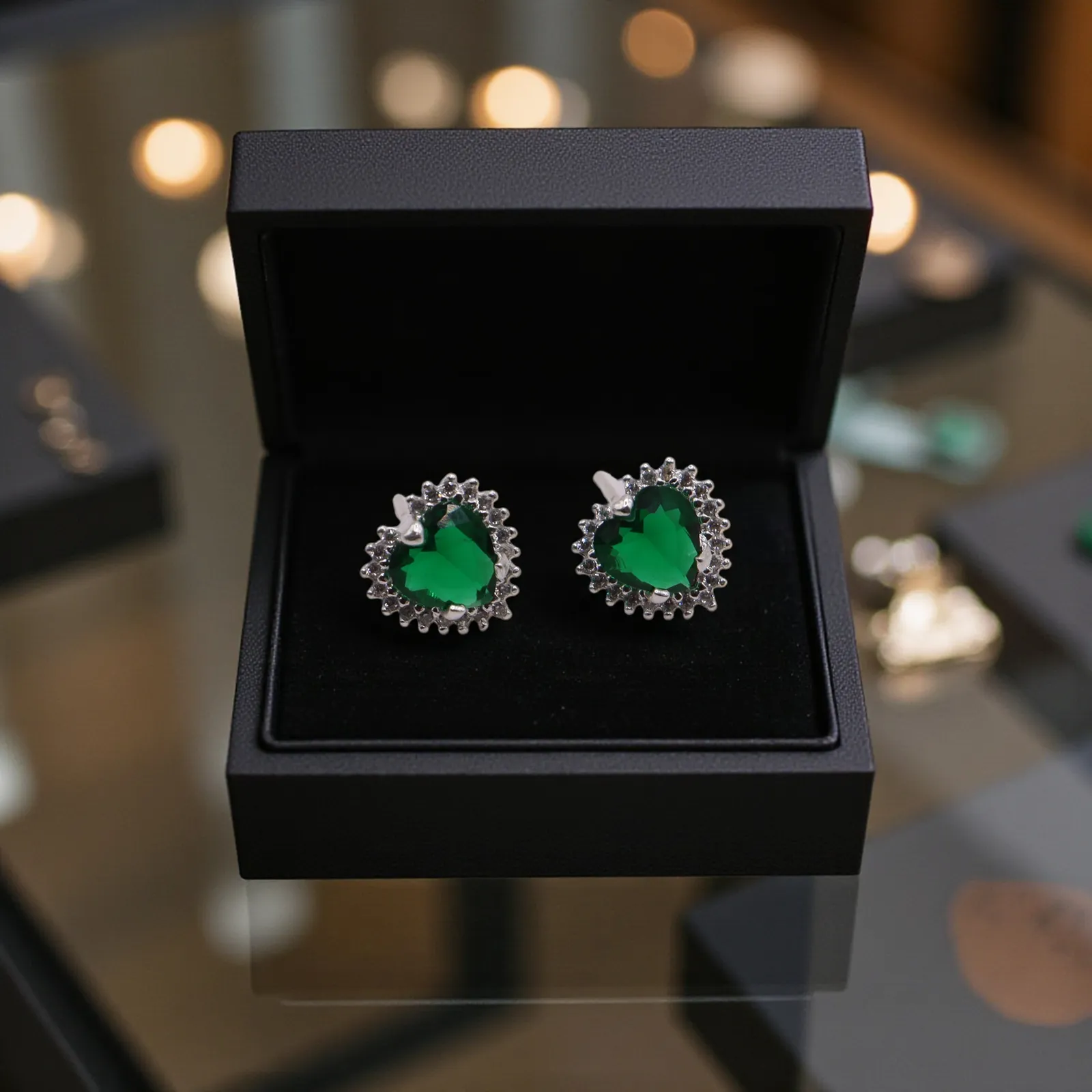 Aretes + Dije Corazón Verde en Plata .925