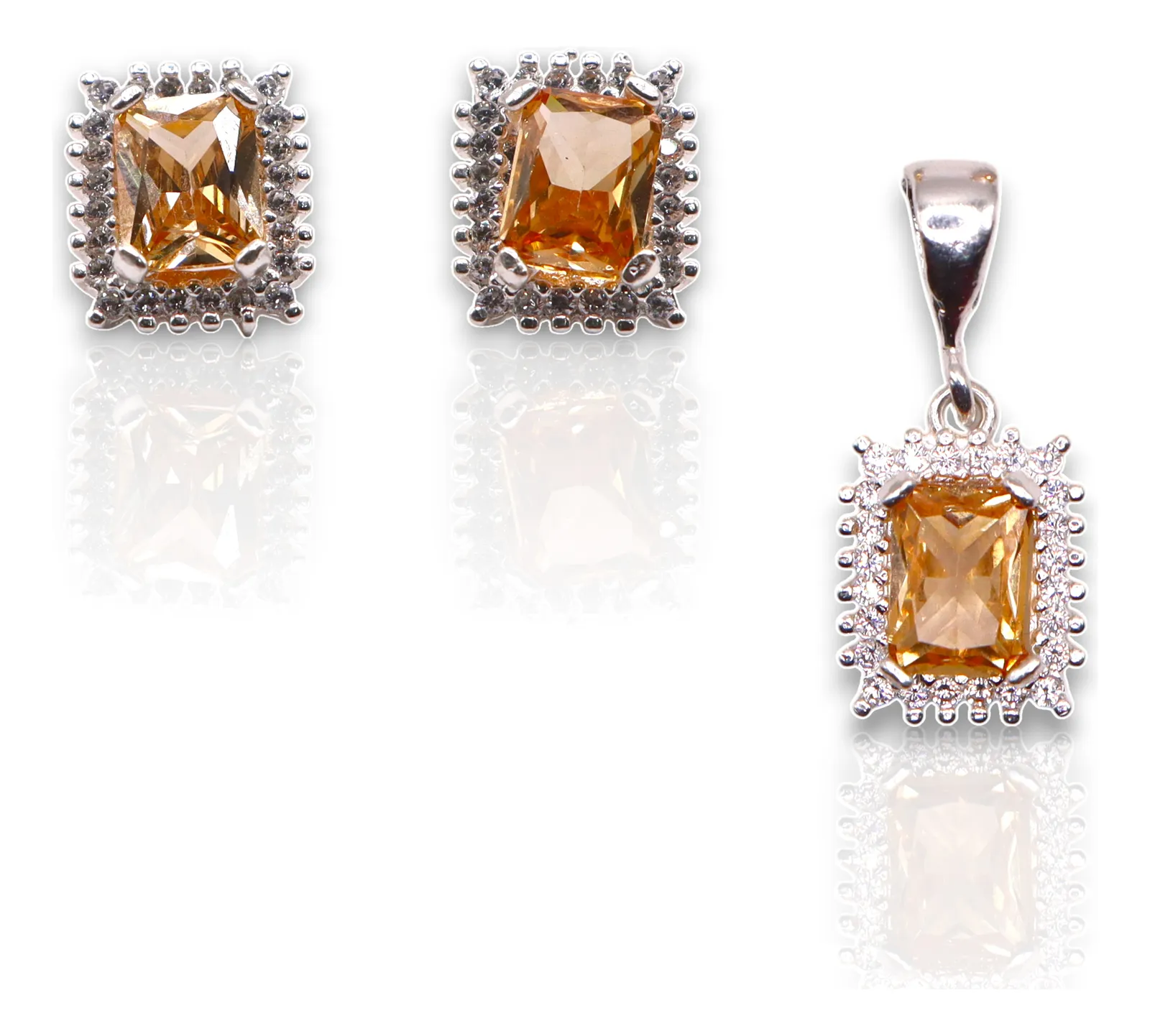 Aretes + Dije Cuadro Naranja en Plata .925