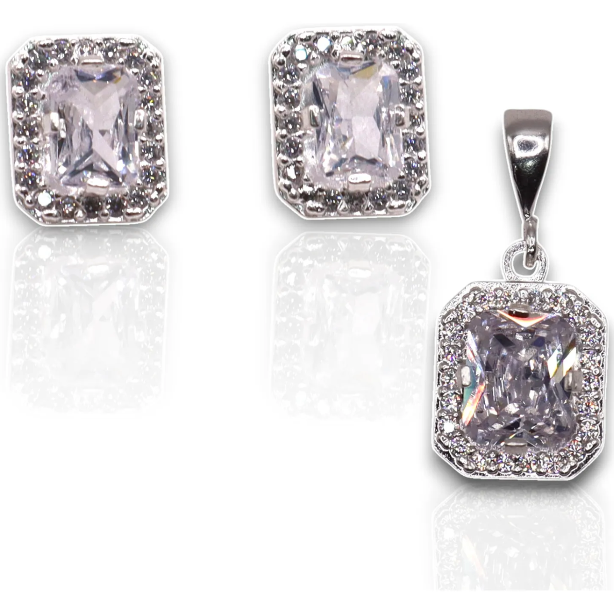 Aretes + Dije Cuadro Blanco en Plata .925